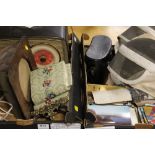 TWO TRAYS OF ASSORTED COLLECTABLES TO INCLUDE TWO FENCING MASKS, VINTAGE RADIO, QUANTITY OF