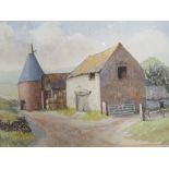 A WATERCOLOUR BY MOIRA MILLIKEN 'OLD FARM BUILDING - OAST HOUSE' SINGED M.M., TOGETHER WITH