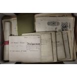 A TRAY OF ANTIQUE DOCUMENTS AND EPHEMERA TO INCLUDE VICTORIAN EXAMPLES AND SHARE CERTIFICATES