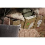 THREE BOXES OF ASSORTED SHOW HOME SOFT FURNISHINGS TO INCLUDE CUSHIONS, THROWS ETC