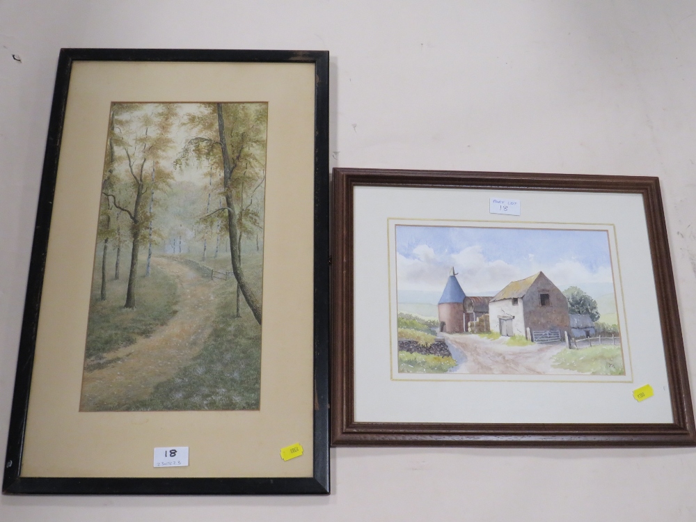 A WATERCOLOUR BY MOIRA MILLIKEN 'OLD FARM BUILDING - OAST HOUSE' SINGED M.M., TOGETHER WITH - Image 2 of 3