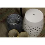 A CERAMIC WHITE GARDEN SEAT TOGETHER WITH A SELECTION OF NEW LAMP SHADES