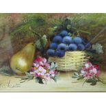 A GILT FRAMED AND GLAZED STILL LIFE OIL PAINTING OF FRUIT ON A TABLE, POSSIBLY SIGNED E CHESTER ?,