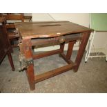 AN UNUSUAL INDUSTRIAL STYLE VINTAGE WOODEN CIRCULAR WORK BENCH / TABLE SAW BENCH WITH CAST