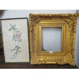 A GILT ANTIQUE FRAME - OVERALL SIZE 53 X 48 CM, TOGETHER WITH A FLORAL NEEDLEWORK (2)