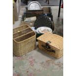 THREE BOXES OF ASSORTED METALWARE TOGETHER WITH TWO ITEMS OF WICKER WARE