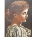 A FRAMED OIL ON CANVAS HEAD AND SHOULDER PORTRAIT ENTITLED 'MISS FORTESQUE' - SEE VERSO