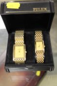 A BOXED PELEX GOLD PLATED STYLE HIS AND HERS WRISTWATCH SET