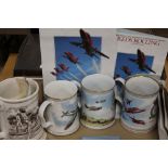 FOUR ASSORTED COMMEMORATIVE CERAMIC TANKARDS TO INC THE RED ARROWS, THE R.A.F. AND THE ASHES ETC