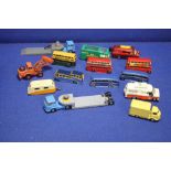 A SELECTION OF EIGHTEEN UNBOXED VINTAGE DIE CAST VEHICLES TO INCLUDE SIX X DINKY BUSES/COACHES,