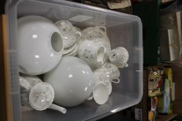 PLASTIC TUB TO INCLUDE WEDGEWOOD DINNER WARE AND TWO GLASS LIGHT SHADES