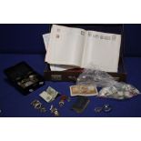 A BOX OF COLLECTABLES TO INCLUDE COINS, STAMPS ETC