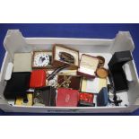 A BOX OF ASSORTED COSTUME JEWELLERY ETC