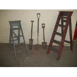 VINTAGE GARDEN TOOLS AND 2 WOODEN STEP LADDERS