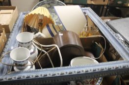 THREE TRAYS CONTAINING A MANTLE CLOCK , TABLE LAMPS, CHINA, GLASSWARE , BRIEFCASE, ETC(TRAYS NOT