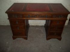 A REPRO LEATHER INLAID DESK. TWIN PEDESTAL