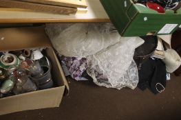 LARGE BOX OF GLASS AND CHINA TOGETHER WITH A VINTAGE SUITCASE . CLOTHES WAISTCOAT , GLOVES, SHOES