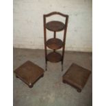 AN ANTIQUE DUMB WAITER AND 2 VICTORIAN LOW FOOT STOOLS