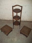 AN ANTIQUE DUMB WAITER AND 2 VICTORIAN LOW FOOT STOOLS