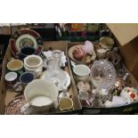 TWO TRAYS OF CHINA , GLASS AND ORNAMENTS (TRAYS NOT INCLUDED)