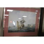 A FRAMED AND GLAZED PRINT DEPICTING A GALLEON