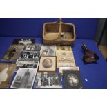 A BASKET CONTAINING A QUANTITY OF STEREOSCOPE CARDS, PHOTOGRAPHS ETC