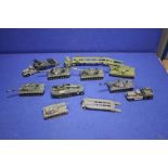 A COLLECTION OF FIVE DINKY TANKS TO INCLUDE FOUR X LEOPARDS AND CHIEFTAN, DINKY AEC ARTICULATED TANK