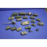 A COLLECTION OF NINETEEN DINKY MILITARY TANKS, LORRIES, TRUCKS, GUNS AND HOVERCRAFT, TOGETHER WITH