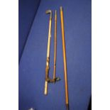 A VINTAGE GOLF CLUB, WALKING CANE AND SWAGGER STICK