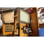 A SMALL JEWELLERY DISPLAY CABINET TOGETHER WITH A SEWING BOX AND PLATE STANDS