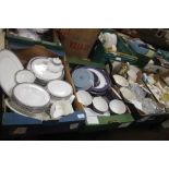 THREE TRAYS OF CHINA AND GLASS TO INCLUDE PART ROYAL DOULTON DINNER SET, DENBY ETC (TRAYS NOT