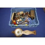 A TRAY OF COLLECTABLES TO INCLUDE OPERA GLASSES, MODEL CARS ETC