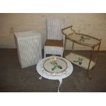 FIVE ITEMS TO INCLUDE A LLOYD LOOM LINEN BASKED, A CHAIR, AN ALUMINIUM CAST TABLE AND A TEA