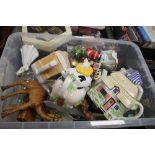 BOX CONTAINING QUANTITY OF GLASS, CHINA , FIGURINES, TEA POTS, CLOCK ETC