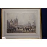 EDWIN HALL (1827-1877) WATER COLOUR OF A TOWN SCENE. SIGNED TWICE, ONCE TO A BARREL (TOWN LOFT AND