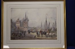 EDWIN HALL (1827-1877) WATER COLOUR OF A TOWN SCENE. SIGNED TWICE, ONCE TO A BARREL (TOWN LOFT AND