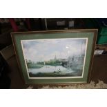 A FRAMED AND GLAZED PRINT TITLED "A VIEW IN ROTHERHAM IN 1828" 66 CM X 54 CM