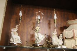 THREE TABLE LAMPS AND SHADES EACH WITH A LADY FIGURE TO THE BASE