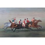 ENGLISH SCHOOL (XX). A pair of naive horse racing scenes, oils on board, a pair, framed, 32 x 44