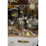 A QUANTITY OF PEWTER WARE ETC TO INCLUDE ANIMAL FIGURES AND A DOMED CLOCK