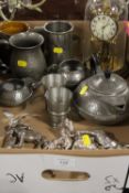 A QUANTITY OF PEWTER WARE ETC TO INCLUDE ANIMAL FIGURES AND A DOMED CLOCK