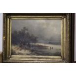 A LARGE GILT FRAMED OIL ON CANVAS OF FIGURES ON ICE INDISTINCTLY SIGNED LOWER LEFT