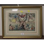 A FRAMED AND GLAZED VINTAGE PRINT OF A SATIRICAL POLITICAL STUDY