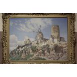 AN ORNATE GILT FRAMED OIL ON CANVAS OF A CONTINENTAL WINDMILL SCENE SIGNED S.E. WHARTON