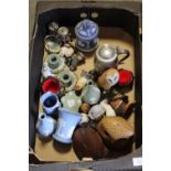 A TRAY OF ASSORTED CERAMICS ETC TO INCLUDE WEDGWOOD JASPERWARE, OWL FIGURES ETC