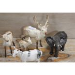 A BESWICK DEER FAMILY TRIO - FAWN LEG BROKEN, TOGETHER WITH A BESWICK GOAT AND A BESWICK ELEPHANT