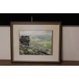 A FRAMED AND GLAZED WATERCOLOUR OF HILLSIDE SCENE SIGNED IRENE STEWERT