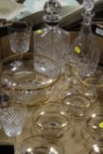 A TRAY OF ASSORTED GLASSWARE TO INCLUDE DECANTERS, VINTAGE FRUIT SET ETC