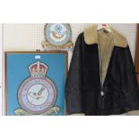 A VINTAGE FLYING JACKET TOGETHER WITH AN RAF ROYAL SQUADRON PLAQUE PLUS ANOTHER (3)