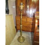 A VICTORIAN BRASS LAMP STANDARD WITH COPPER RESERVOIR, SHADE-FUNNEL